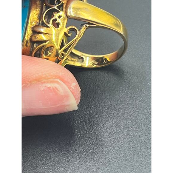 Vintage Designer Sterling Vermeil Turquoise Filigree Chunky Statement Ring Sz 7 - Picture 11 of 15